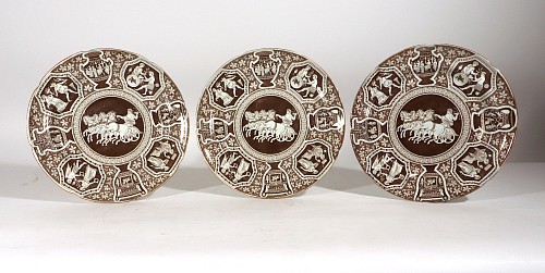 Inventory:  Spode Factory, Spode Neo-classical Greek Pattern Rare Brown Plates-Zeus in His Chariot, Set of Three, 1810, $1,200
