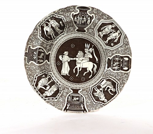 Inventory:  Herculaneum, Herculaneum Neo-classical Greek Pattern Rare Black Soup Plate- Refreshment for Phliasian Horseman, 1810, $300
