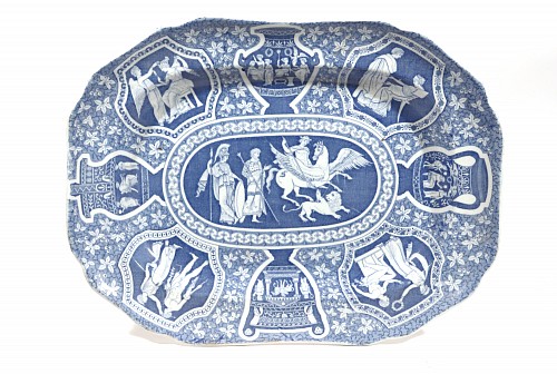 Inventory:  Spode Factory, Spode Pottery Neo-classical Greek Pattern Blue  Dish, Bellerephon's Victory Over Chimera, 1810-25, $1,500