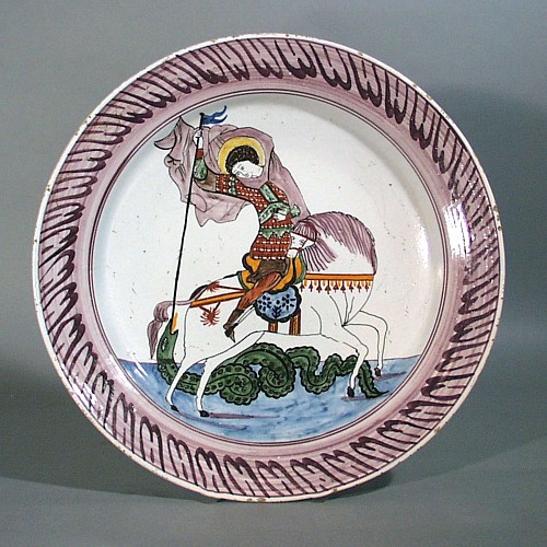 Inventory:  Dutch Delft, Faience Dish decorated with St George & the Dragon, 19th Century, $1,250