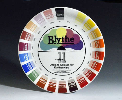 Search:  Blythe Factory, Blythe Factory Porcelain Artist Colour Sample Plate titled Onglaze Colours for Earthenware, 20th Century, $500