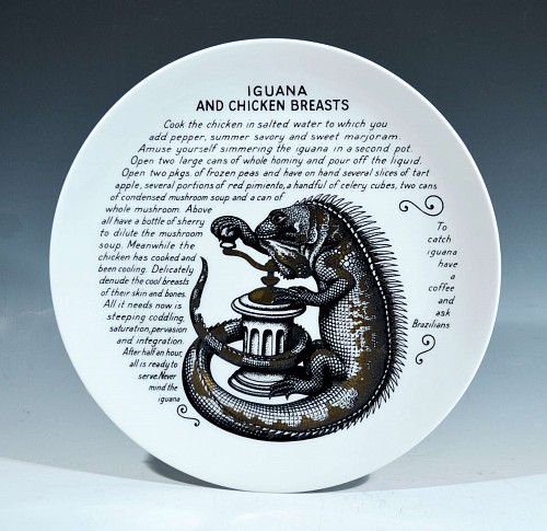 Inventory:  Piero Fornasetti, Piero Fornasetti Fleming Joffe Porcelain Recipe Plate- Iguana And Chicken Breasts, 1960s, $850