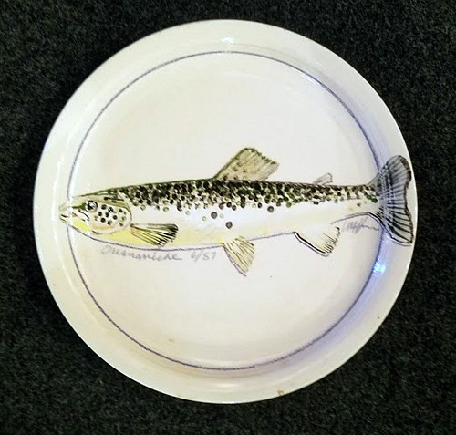 Inventory:  Carole Moses Harman, Carole Moses Harman Ceramic Dish Painted with Ouananiche Salmon, Dated 6/87, Dated 1987, $500