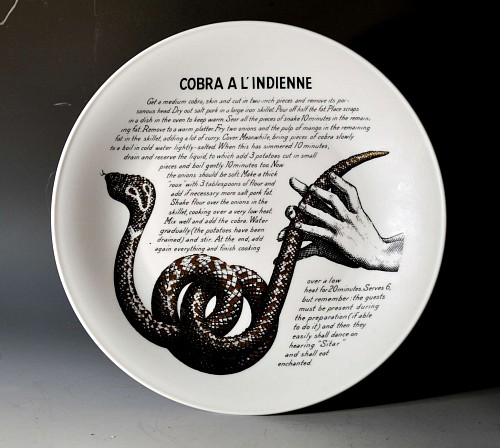 Inventory:  Piero Fornasetti, Piero Fornasetti Fleming Joffe Porcelain Recipe Plate- Cobra a L'Indienne, 1960s, $750