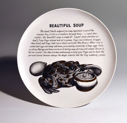 Inventory:  Piero Fornasetti, Piero Fornasetti Fleming Joffe Plate- Beautiful Soup, 1960s, $850