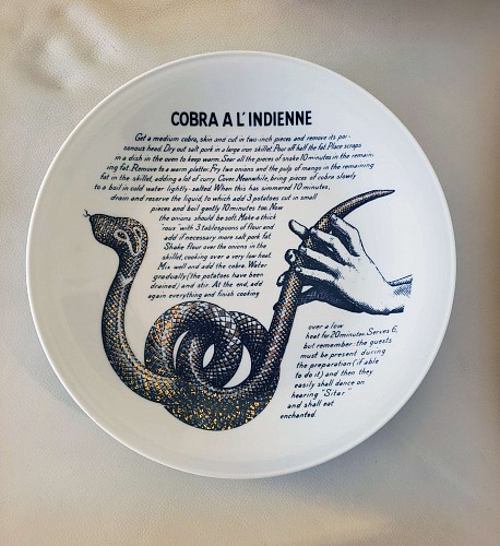 Inventory:  Piero Fornasetti, Vintage Piero Fornasetti Recipe Plate, Cobra A L'Indienne, Made for Fleming Joffe, 1960s, $650