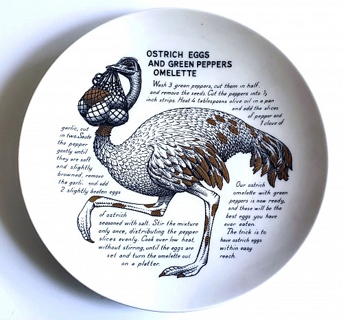 Piero Fornasetti Piero Fornasetti Fleming Joffe Recipe Cook Plate- Ostrich Eggs & Green Pepper Omlette, 1960s-1974 $650