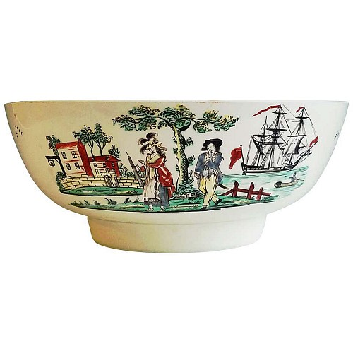 Search:  Creamware Pottery, English Creamware Pottery Large Sailor's Farewell Bowl with a Chinoiserie Scene on the Reverse, 1800-20, $3,750