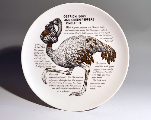 Inventory:  Piero Fornasetti, Piero Fornasetti Fleming Joffe Plate- Ostrich Eggs and Green Peppers Omelette, 1960s, $550