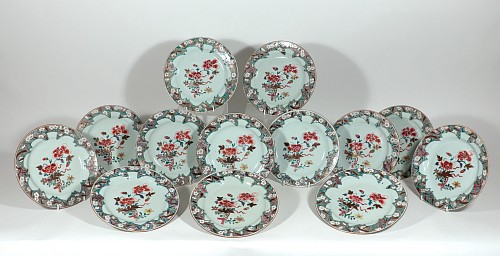 Inventory:  Chinese Export Porcelain, Chinese Export Famille Rose Porcelain Set of Thirteen Dinner Plates, Circa 1730-35, $7,500