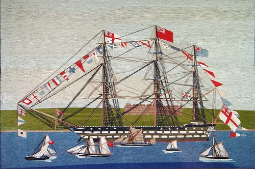 Sailor's Woolwork BRITISH SAILOR'S WOOLWORK PICTURE OF A FULLY DRESSED SHIP, Circa 1870 SOLD •