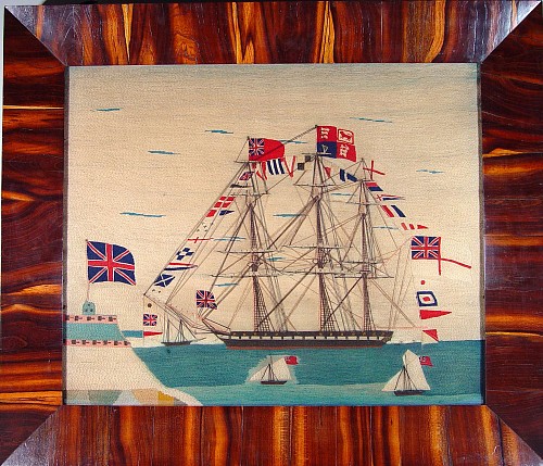 Inventory:  Sailor's Woolwork, British Sailor's Woolwork Large Picture of a Fully Dressed Ship, Circa 1860, SOLD •
