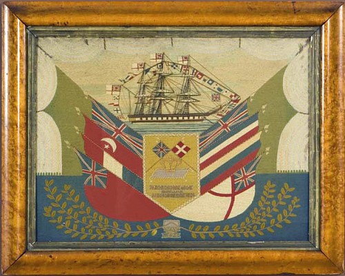 Inventory:  Sailor's Woolwork, Canadian Sailor's Woolwork Picture of a Ship with Flags, 1880, SOLD •