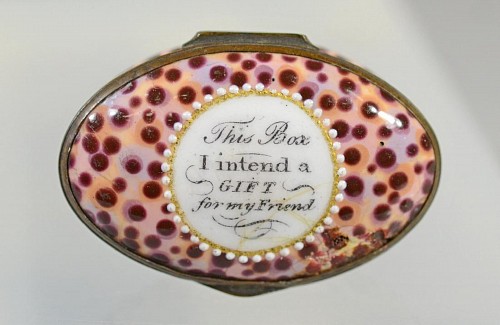 Inventory:  Bilton, Bilston Enamel Patch Box, "This Box I intend a gift for my friend", Circa 1775, $1,250