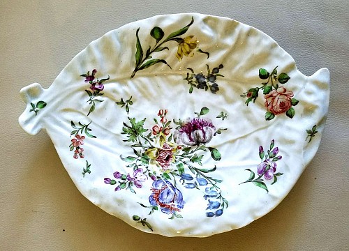 Inventory:  Chelsea Factory, Chelsea Porcelain Botanical Molded Cabbage Leaf Dish With Painted Flowers,, Circa 1755-58, $3,750