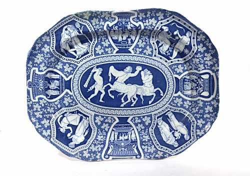 Inventory:  Spode Factory, Spode Pottery Neo-classical Greek Pattern Blue Large Dish, Centaurs Battling Theseus, 1810-25, $1,500
