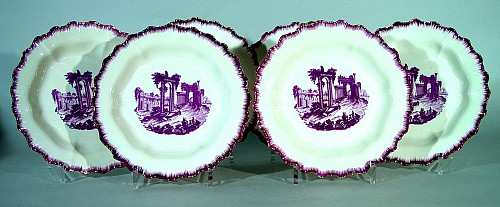 Inventory:  Creamware Pottery, Antique English Neale & Company Feather-edge Creamware Set of Six Plates with Puce Decoration, Circa 1780-85, $3,000