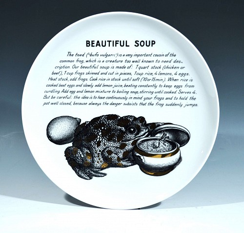 Inventory:  Piero Fornasetti, Piero Fornasetti Fleming Joffe Recipe Plate-Beautiful Soup, 1960s, $850