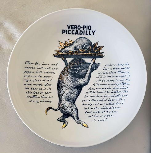 Inventory:  Piero Fornasetti, Piero Fornasetti Recipe Plate, Vero-Pig Piccadilly, Made for Fleming Joffe, 1960s, $900