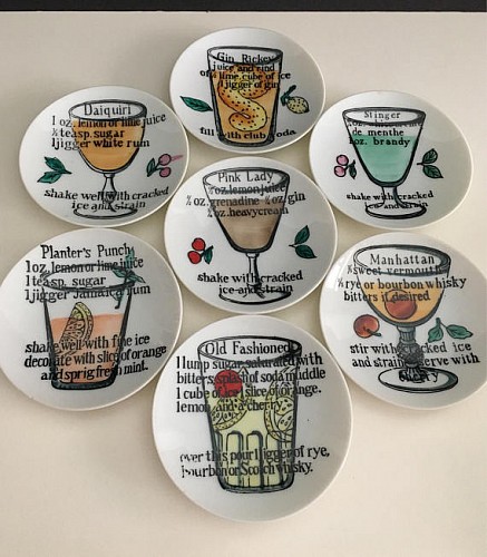 Inventory:  Mid-century Modern, Mid-Century Cocktail Drink Recipe Ceramic Coasters. Japanese, 1960s, $190