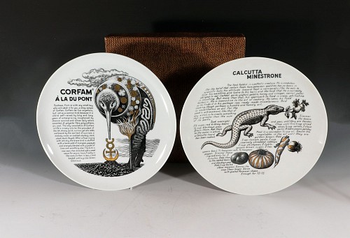 Inventory:  Piero Fornasetti, Piero Fornasetti Porcelain Cook Plates-Calcutta Minestrone and Corfam Du Pont With Original Faux Hide Box, 1968, $1,250