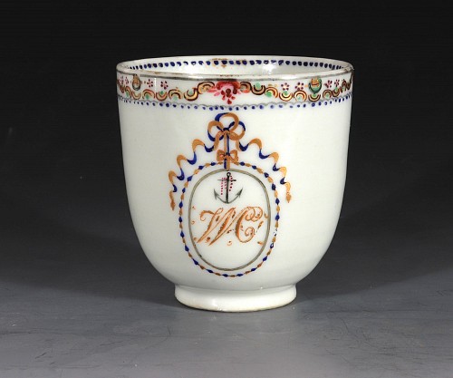 Inventory:  Chinese Export Porcelain, Chinese Export Porcelain Armorial Crested Coffee Cup with Ship's Anchor, 1780, $650
