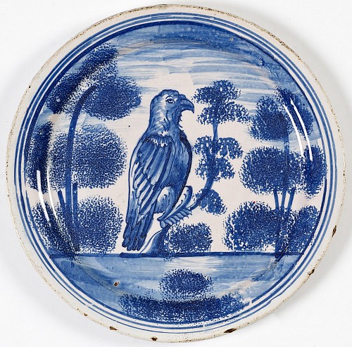 Inventory:  British Delftware, English Delftware Plate with Hawk Perched on Tree, London, Probably Vauxhall, 1710-25, SOLD •