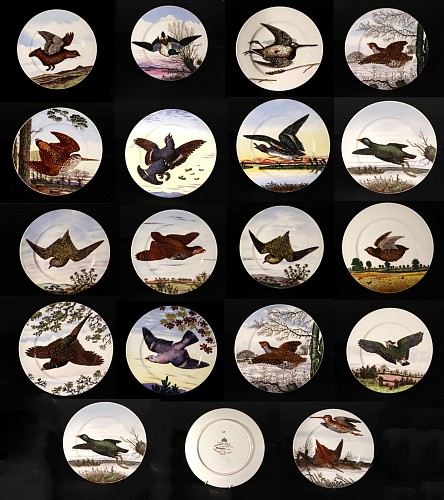 English Porcelain Game Bird Plates, Designed by Edward Kennard. Made by Brownfield Westhead Moore (nine plates), 1870-80 SOLD •