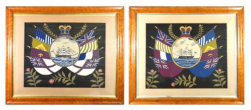 Inventory:  Sailor's Woolwork, British Sailor's Woolwork Pair of Pictures with Ship & Flags of Nations, 1875, $10,000