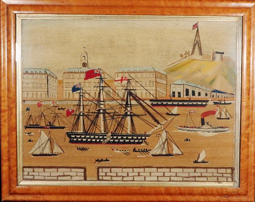 Inventory:  Sailor's Woolwork, English Sailor's Woolwork Large Picture of Fifteen Ships in Chatham on The River Medway, 1875, $14,000