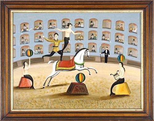 Inventory:  Ralph Cahoon, Mermaid Circus, A Rare Signed Ralph Cahoon Painting with Circus-subject, SOLD •