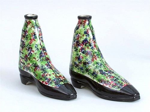 Inventory:  Pearlware, Scottish Pottery Pearlware Sponged Spirit Flasks Modelled in form of Boots, Circa 1840-50, $2,500