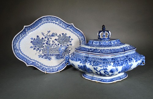 Inventory:  Chinese Export Porcelain, Chinese Export Porcelain Early Blue & White Soup Tureen, Cover & Stand,
After a Northern European Baroque Silver Form, 1740-50, SOLD •