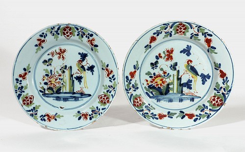 Inventory:  Lambeth Delftware, Lambeth London Delftware Polychrome Chinoiserie Pair of Plates decorated with Parrots, 1765, $1,500