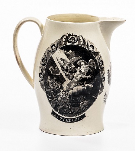 Inventory:  Creamware Pottery, Apotheosis of George Washington Liverpool Transfer Decorated Creamware Jug, 1800-1810, $8,500