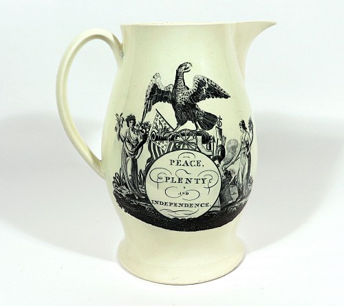 Inventory:  Creamware Pottery, American-Market Peace, Plenty and Independence Liverpool Transfer Decorated Creamware Jug, 1800, $3,800
