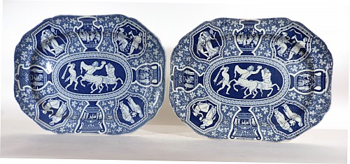 Inventory:  Spode Factory, Spode Pottery Neo-classical Greek Pattern Blue Pair of Large Dishes, Centaurs Battling Theseus, 1810-25, $4,000