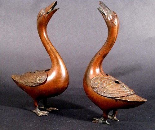 Inventory:  Japanese Porcelain, Japanese Bronze Pair of Geese Koro, Late 19th Century, $1,500