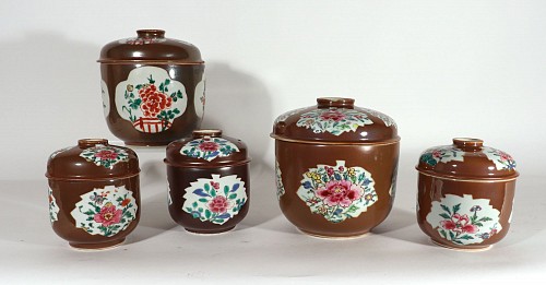 Inventory:  Chinese Export Porcelain, 18th-century Chinese Export Porcelain Group of Five Batavia-ware Urns & Covers, 1750s, $7,500