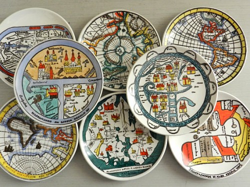 Inventory:  Piero Fornasetti, Eight Coasters and Original Box decorated with Antichi Planisferi Maps
+, 1960s, SOLD •