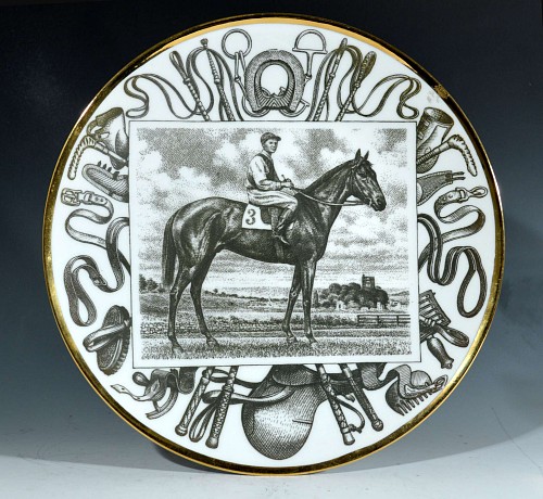 Inventory:  Piero Fornasetti, Piero Fornasetti Race Horse Porcelain Plate,  Grand Campioni Italiani Del Galoppe (Great Italian Equestrian Champions) #10,  Tenerani, 1960's-70's, $650