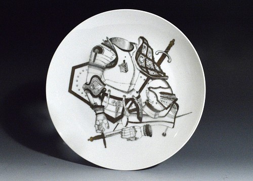 Inventory:  Piero Fornasetti, Vintage Piero Fornasetti Plate with Coats of Antique Armour, Armature Pattern,#4 in series, 1960, $550
