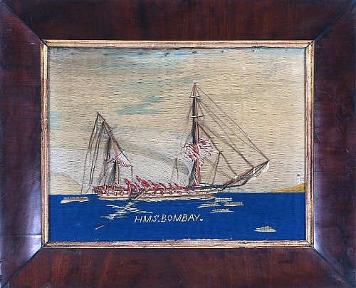Inventory:  Sailor's Woolwork, British Sailor's Woolwork Woolie of Ship HMS Bombay on Fire, 1865, $3,750
