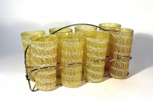 Inventory:  Vintage, Vintage Glass Tumblers, Spaghetti String Pattern, Color Craft, Indianapolis, In.,
Set of Eight., 1950s-60s, $500