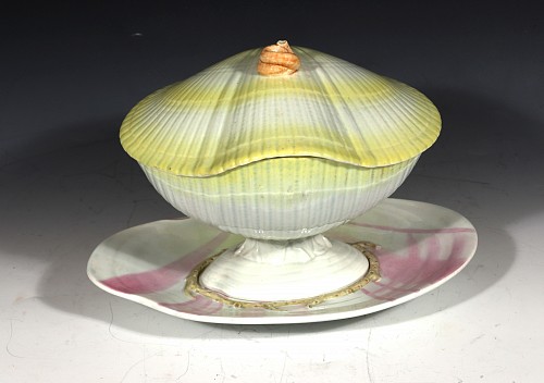 Inventory:  Wedgwood Pottery, Wedgwood Pearlware Nautilus Sauce Tureen, Cover & Stand, 1790, $2,500