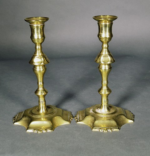 Inventory:  Brass, English Brass Candlesticks with Petal Base- Pair, 1760-80, $1,250