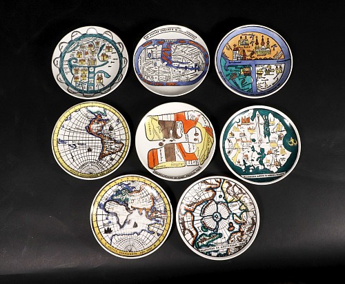 Piero Fornasetti Piero Fornasetti Ceramic Map Coasters in the Antichi Planisferi Pattern, 1960 SOLD •
