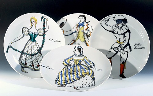 Search:  Piero Fornasetti, Piero Fornasetti Porcelain Commedia Dell'arte Maschere Italiane Porcelain Plates, Italian Masks-A Set of Four, 1970s, $2,200