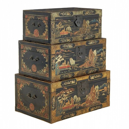 Search:  China Trade, Set of Three Nested Chinese Ebonized Trunks, 1900, $5,500