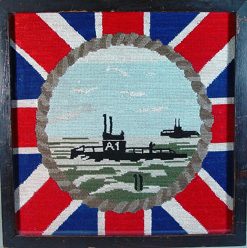 Sailor's Woolwork Sailor's Embroidered Woolwork Picture of Submarines- H.M.S. A1, Early 20th century SOLD •
